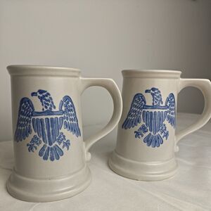 Yorktowne Pfaltzgraff Tankard Stein White Blue Eagle 12oz Set vintage americana